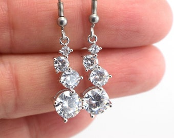 Silver Graduated Cubic Zirconia Drop Earrings, Silver Clear CZ Earrings, Wedding Bride Bridesmaid Gift for Her