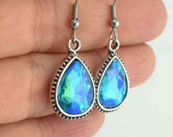 Teardrop Faceted Blue Acrylic and Silver Earrings, Bright Blue Earrings, Fun Gift for Her or Him Under 20