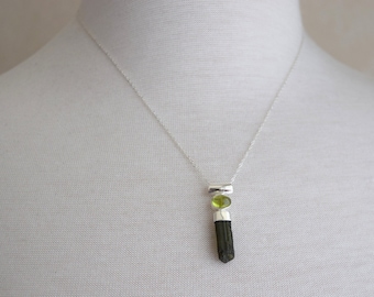 Raw Green Tourmaline and Peridot Gemstone Silver Bar Necklace, Sterling Silver Tourmaline Stacking Necklace
