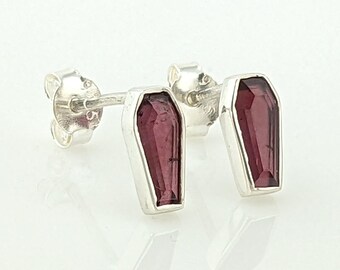 Garnet Coffin Shape Sterling Silver Stud Earrings, Minimalist Garnet January Birthstone Oddity Earrings