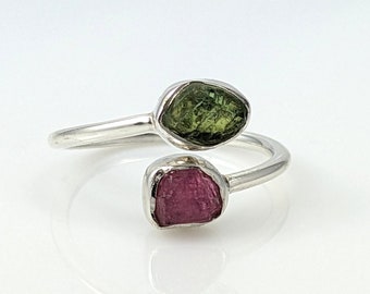 Raw Pink and Green Tourmaline Silver Bezel Adjustable Ring, 925 Sterling Silver Rough Tourmaline Gemstone Jewelry, CHOOSE YOUR RING