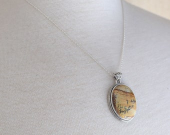 Large Sterling Silver Picture Jasper Necklace, Silver Jasper Gemstone Layering Necklace, CHOOSE YOUR PENDANT