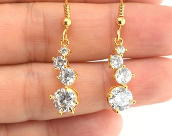 Gold Graduated Cubic Zirconia Drop Earrings, Gold Clear CZ Earrings, Wedding Bride or Bridesmaid Gift for Her