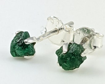 Raw Emerald Stud Earrings, 925 Sterling Silver Rough Emerald Gemstone Minimalist Jewelry