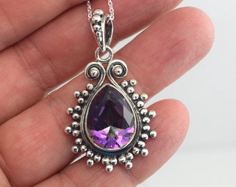 20 Inch Sterling Silver Teardrop Amethyst or Mystic Quartz Necklace, Bali Style Faceted Teardrop Crystal Gemstone Pendant