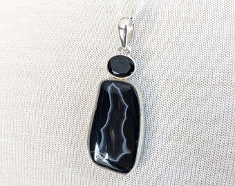 Black Crystal Agate and Gemstone Necklace, Sterling Silver Black Spinel Necklace, September Birthstone Jewelry