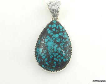 Large Teardrop Turquoise Silver Necklace, Big Turquoise Silver Pendant Gift for Her or Him