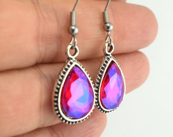 Teardrop Faceted Pink Acrylic and Silver Earrings, Bright Pink Earrings, Fun Gift for Her or Him Under 20