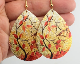 Gold Teardrop Woodland Jewelry Earrings, Orange Leaf Bird and Branch Bold Statement Fashion Dangle Earrings, Bridesmaid Gift for Her