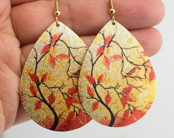 Gold Teardrop Wald Schmuck Ohrringe, Orange Blatt Vogel und Zweig Bold Statement Mode baumeln Ohrringe, Brautjungfer Geschenk für Sie