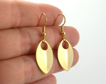 Gold Scalemaille Leaf Drop Earrings, Gold Scale Marquise Earrings, Scalemail Gift under 30 for her