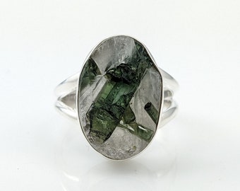 Raw Green Tourmaline in Quartz Silver Bezel Ring, 925 Sterling Silver Rough Tourmaline Gemstone Jewelry, CHOOSE YOUR RING