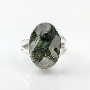 Raw Green Tourmaline in Quartz Silver Bezel Ring, 925 Sterling Silver Rough Tourmaline Gemstone Jewelry, CHOOSE YOUR RING