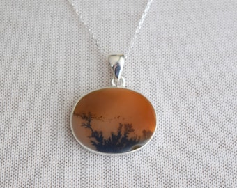 Dendritic Agate Gemstone Silver Necklace, Sterling Silver Polished Dendritic Agate Layering Necklace