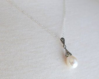 Minimalist Sterling Silver Teardrop Pearl and Marcasite Necklace, Bridesmaid or Bride Jewelry Wedding Gift