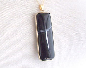 Collar rectangular de ágata negra, collar de cadena de cable de oro de 14 quilates de 60 cm, colgante largo negro