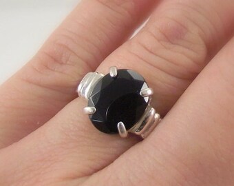 Anillo de plata de ley con ónix negro facetado, anillo solitario de plata con cabujón de ónix negro, talla 7, regalo de aniversario