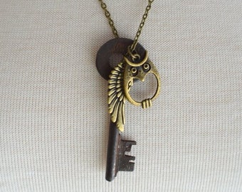 Antiqued Brass Steampunk Skeleton Key Necklace with Owl and Wing, Brass Vintage Steampunk Jewelry, Gift for Him or Her