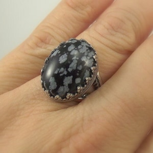 Large Victorian Sterling Silver Snowflake Obsidian Ring, Ornate Silver Filigree Ring Size 7