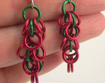 Red and Green Aluminum Chainmaille Earrings, Chainmail Jewelry, Gift under 20