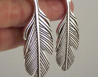 Bold Pewter Feather Earrings, Antiqued Silver Feather Earrings, Gift for him or her under 25