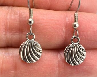 Tiny Minimalist Antiqued Silver Shell Pewter Earrings, Small Tropical Beach Shell Earrings, Gift for Her Under 20