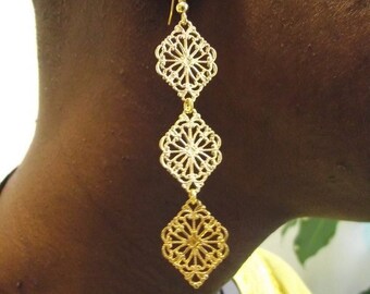 Pendientes de filigrana con diamantes dorados en cascada, pendientes largos de oro, regalo para ella por menos de 20
