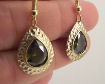 Hammered Gold Olive Cubic Zirconia Teardrop Earrings, CZ Earrings, Gold Drop Earrings, Gift for her