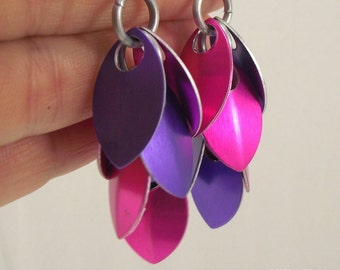 Purple and Pink Aluminum Small Scale Scalemaille Shaggy Earrings - Scalemail Jewerly - Gift for her under 25