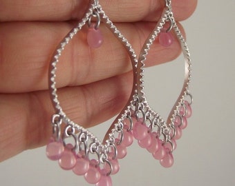 Pink and Silver Chandelier Drop Earrings, Silver Earrings with Pink Czech Glass Teardrop Earrings