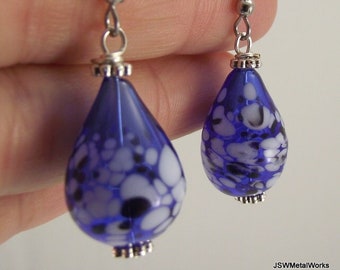 Silver Cobalt Blue Blown Glass Teardrop Earrings, Unique Glass Jewelry, Gift for Her Under 20