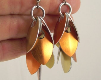 Orange and Gold Small Aluminum Scale Shag Earrings, Aluminum Scalemail Scale Earrings