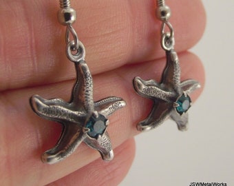 Antiqued Silver Starfish Earrings with Emerald Crystal Rhinestones, Gift Under 35 for Her