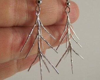 Matte Silver Branch Earrings, Silver Organic Woodland Earrings