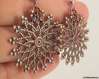 Round Antiqued Copper Snowflake Filigree Earrings, Bridesmaid Gift, Winter Bride Jewelry