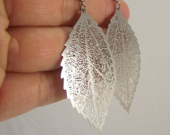 Medium Silver Leaf Skeleton Earrings, Silver Woodland Jewerly, Gift for Her Under 20