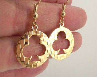 Round Gold Club Medallion Earrings, Gold Club Playing Card Casino Textured Earrings, Gift under 30, Gift for her