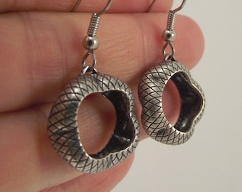 Small Wavy Round Snakeskin Antiqued Silver Earrings, Animal Print Reptile Snake Lizard Jewelry, Herpetology Gift