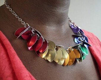 Rainbow Small Scale Shaggy Aluminum Necklace, Aluminum Scalemail Chainmail Necklace, Anniversary Gift, Pride Jewelry