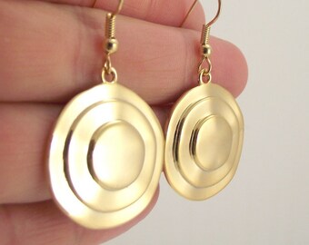 Large Geometric Gold Circle Earrings, Shiny Gold Round Medallion Earrings