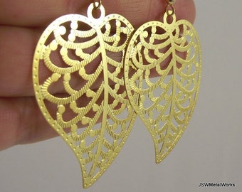 Laser Cut Golden Filigree Leaf Earrings, Gold Earrings for Her, Botanist Gift