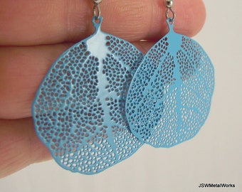 Light Blue Medium Smooth Round Leaf Skeleton Earrings, Baby Blue Woodland Jewelry Gift for Her Under 20