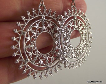 Ornate Filigree Sunburst Earrings, Silver Statement Bold Earrings, Gift for Her Under 35