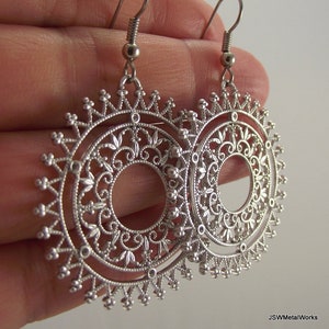 Ornate Filigree Sunburst Earrings, Silver Statement Bold Earrings, Gift for Her Under 35