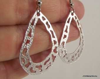 Organic Textured Teardrop Silver Cut Out Earrings, Gift for Women under 25