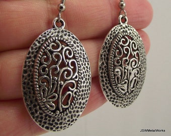 Ornate Oval Filigree Pewter Earrings, Antiqued Silver Earrings Gift for Women under 25