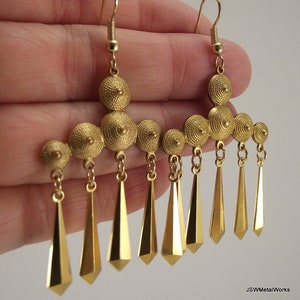 Vintage Flapper Brass Chandelier Earrings, Unique Statement Golden Earrings image 1