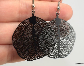 Medium Black Smooth Round Leaf Skeleton Earrings, Woodland Jewelry, Gift under 20