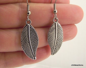 Detailed Antiqued Silver Leaf Earrings, Pewter Woodland Jewelry, Gift under 20