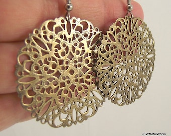 Round Antiqued Brass Medallion Filigree Earrings, Bridesmaid or Bride Gift for Her
